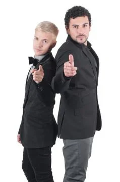 Two white men pointing with their fingers Stock Photos