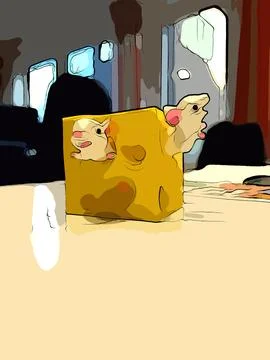 Two white mice with a piece of cheese on a table. Stock Illustration