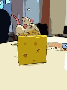 Two white mice with a piece of cheese on a table. Ilustração Stock