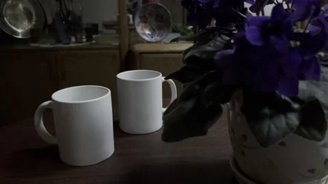 Two White Mugs on Table Stock Footage 225954503
