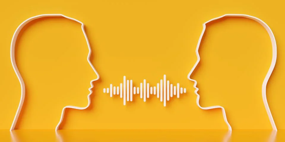 Two white outlined human head with abstract white soundwave waveform on yel.. Stock-Illustration