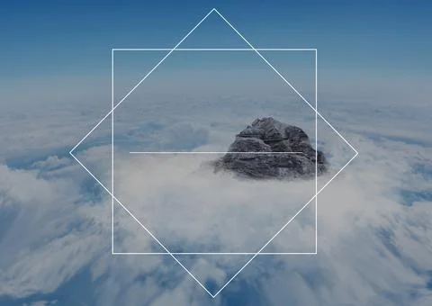 Two white outlines frames with copy space and mountains with clouds and blue sky Stock Photos