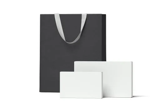 Two white packages and black shopping bag. 3d rendering Illustration