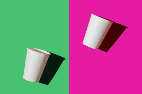 Two white paper biodegradable cups on colored backgrounds, top view, mock up Foto stock