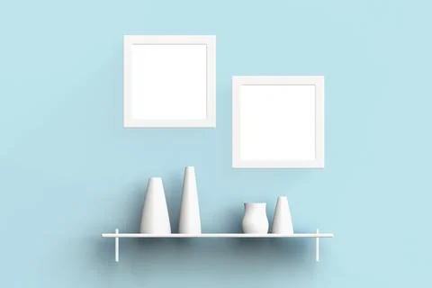 Two white picture frames above white shelve isolated on blue wall Stock Illustration
