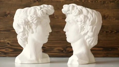 Two white plaster heads of David stand side by side 库存影片 156631796
