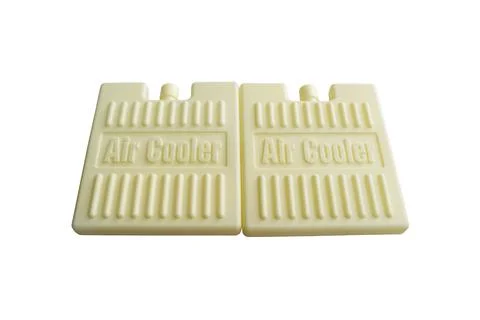 Two white plastic Air Cooler ice pack boxes with ribbed texture isolated on.. 스톡 사진