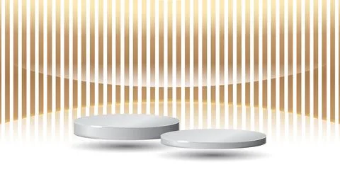 Two white podium in different sizes elegant golden strips background empty .. Stock Illustration