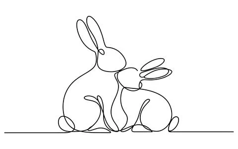 Two White Rabbits Sitting Together Outline Stock Illustration