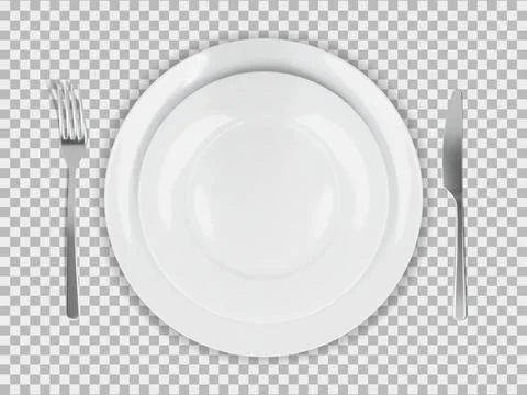 Two white round empty plates top view with fork and knife Stock Illustration