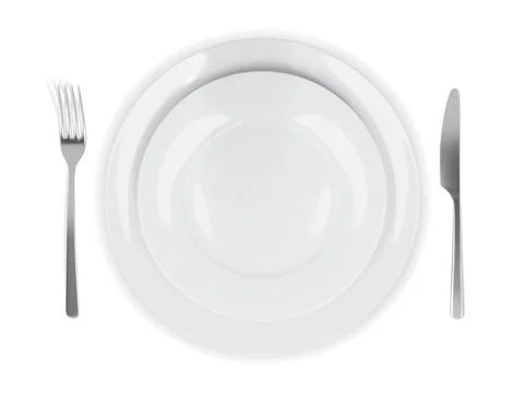 Two white round empty plates top view with fork and knife Illustrazione stock