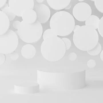 Two white round podiums on abstract stage mockup - flying soft circles decor. Stock Illustration