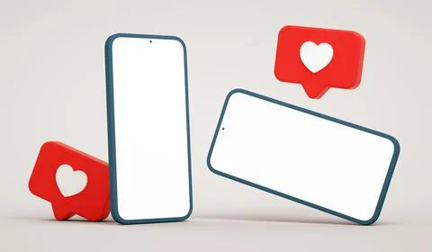 Two white screen smartphone mockup with social media like buttons. Phone disp Stock Photos