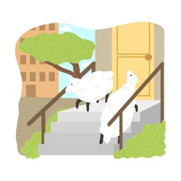 Two white sheeps trying to enter house in city Stock Illustration