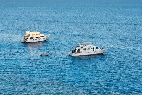 Two white ship in blue water of sea or ocean Foto stock