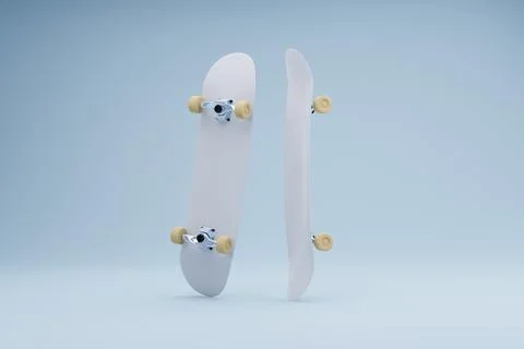 Two white skateboards, studio backdrop, mockup, design Stock Illustration