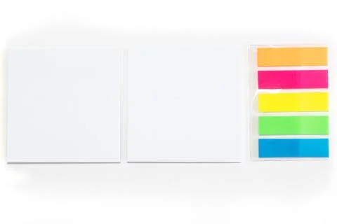 Two White sticky note and different colored sheets of note papers Stock Photos