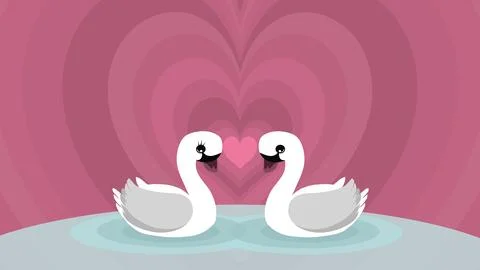 Two white swans in love float on background of hearts Stock Illustration