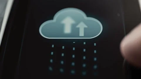 Two white upward arrows fill a blue cloud above a grid of glowing data blocks Stock Footage 343374459