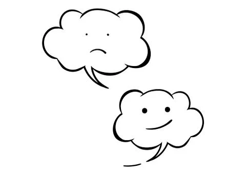 Two white vector emotional icon isolated. Sad and cheerful clouds smile.  Stock Illustration