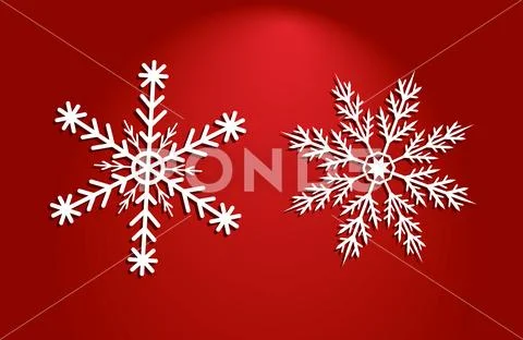 Two white vector snow flakes of different shapes on red background Stock Illustration