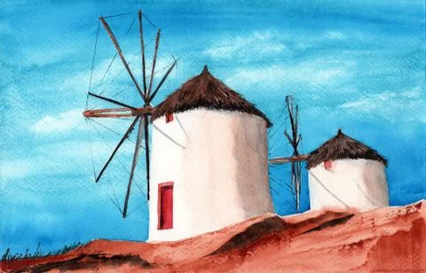 Two white windmills under thatched roofs Stock Illustration