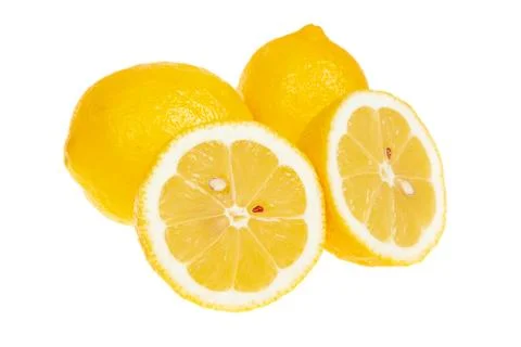 Two whole and two half lemons, isolated on white background Stock Photos