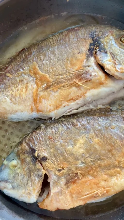 Two whole fish frying in a pan until golden Stock Footage 334593385