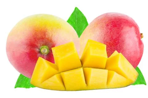 Two whole mango and slice isolated Stock Photos