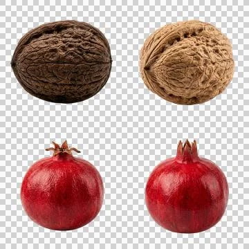 Two whole walnuts and two ripe pomegranates isolated on transparent backgroun Stock Photos