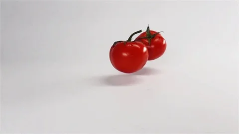 Two whole wet tomatoes bouncing on white surface Stock Footage 75960994