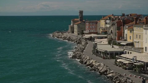 Two wide panoramic shots of Piran, Slovenia. High definition video Stock Footage 79547357