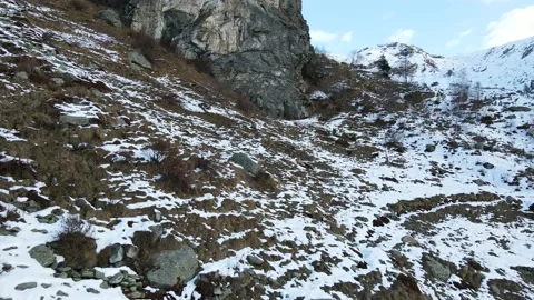 Two wild chamois (animals) running in snowy mountain. Wildlife drone flight, 4K Stock Footage 148031500
