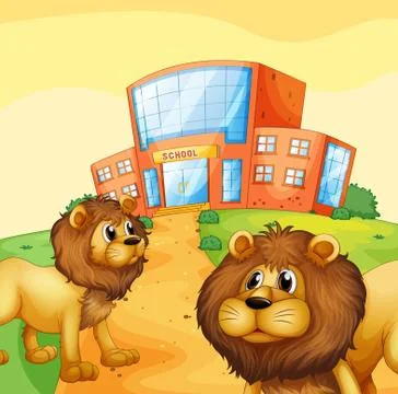 Two wild lions in front of a school building Ilustración de archivo