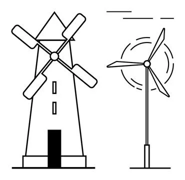 Two wind energy structures are shown. One is a traditional windmill with a co 스톡 일러스트