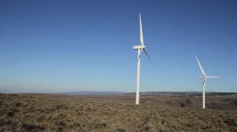 Two wind farm generators on a clear fall day in Washington Stockbeeldmateriaal 32246101
