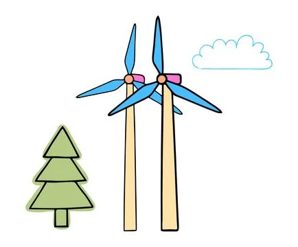 Two wind turbines and a pine tree with a cloud in a simple hand drawn style. Stock Illustration