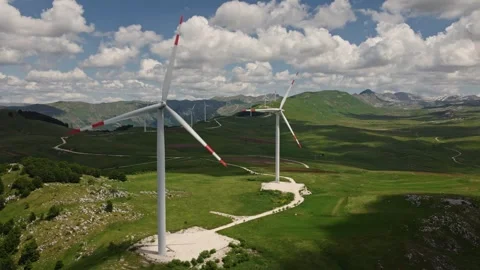 Two Wind Turbines Green Hilltop Aerial View Krnovo Montenegro Stock Footage 338384532