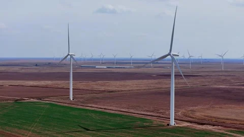 Two Wind Turbines Over Patchwork Texas Farmland Aerial Static Shot Stock-Footage 334713682