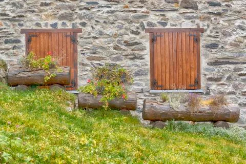 Two windows and three flower boxes Stock Photos