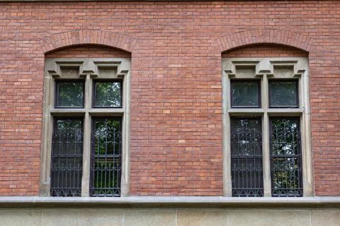 Two Windows on Brick Wall Background Stock Photos