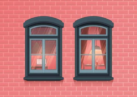 Two windows frames view on house pink brick wall Stock Illustration