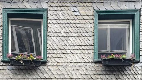 Two windows with green frames on grey slate tile wall facade 库存照片