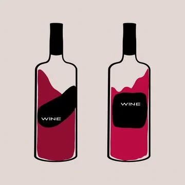 Two wine bottles with distinct designs showcasing deep red liquid against a Stock Illustration