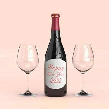 Two Wine Glasses and Red Wine Bottle with Happy New Year 2023 Sign. 3d Render Stock Illustration