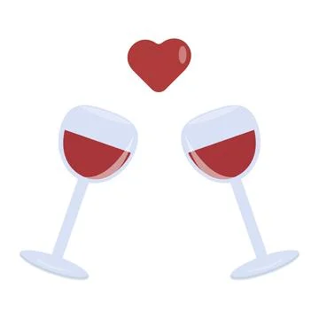 Two wine glasses and red heart. Romantic composition. Illustrazione stock
