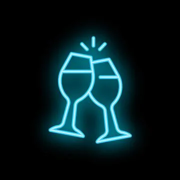 Two wine glasses clinking in neon light celebrating success Stock Illustration