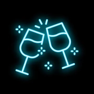 Two wine glasses clinking in neon light style representing celebration Ilustração Stock