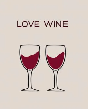 Two wine glasses filled with red wine symbolizing love and romance on a soft Illustrazione stock