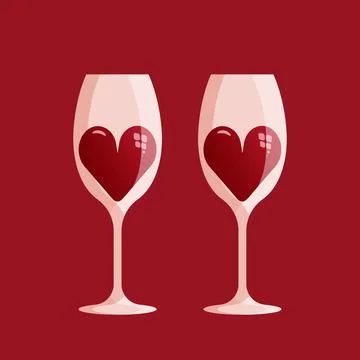Two wine glasses with hearts. Two big red hearts in two wine glasses. Valentines Ilustração Stock